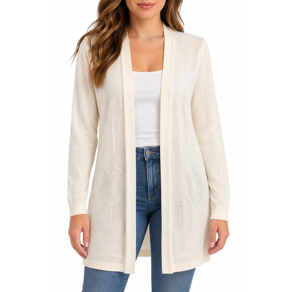 Chicos Womens Ivory Open Front Cardigan Sweater Pointelle Knit Size 1